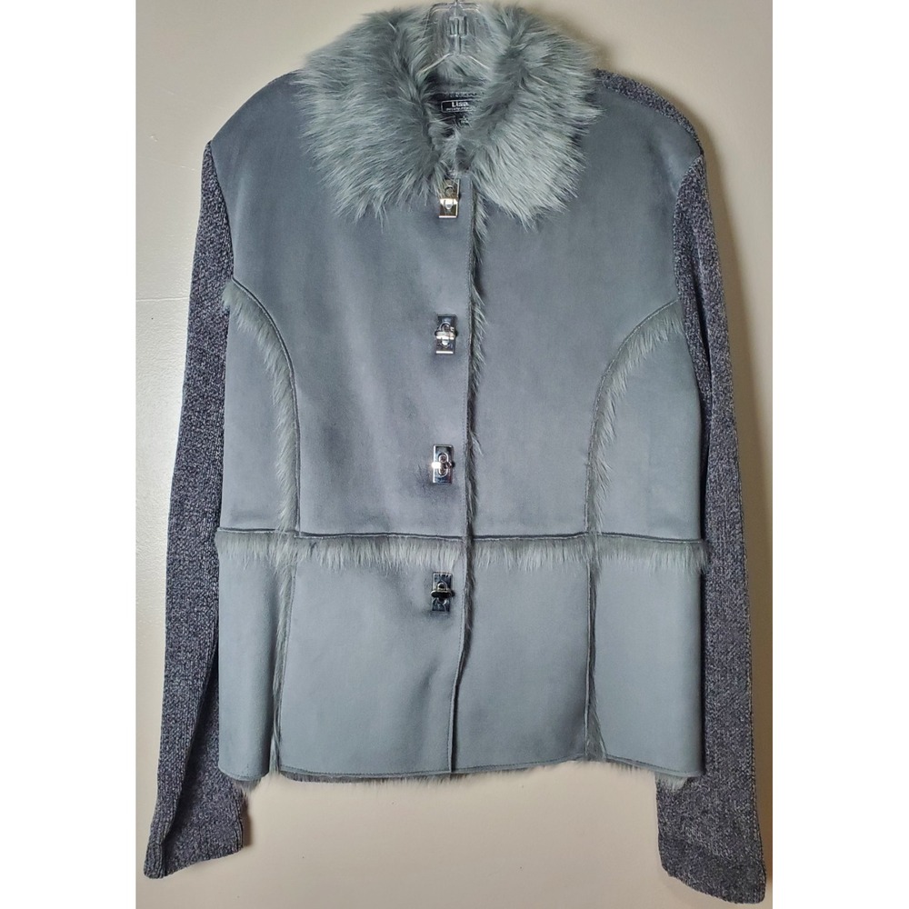 Vintage Lisa Gray Sweater Jacket Faux Fur‎ Collar Silver Turn Lock Buttons Large